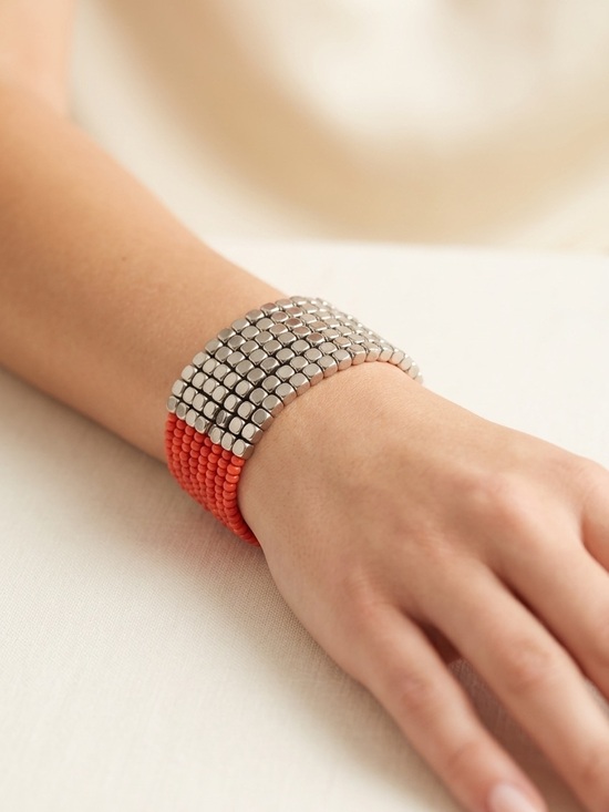 Fashion Jewelry Jewelry - Coral Seed Bead Cuff Bracelet | Orange Multi-Strand Silver Cube